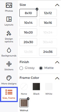 Size and Frame Options
