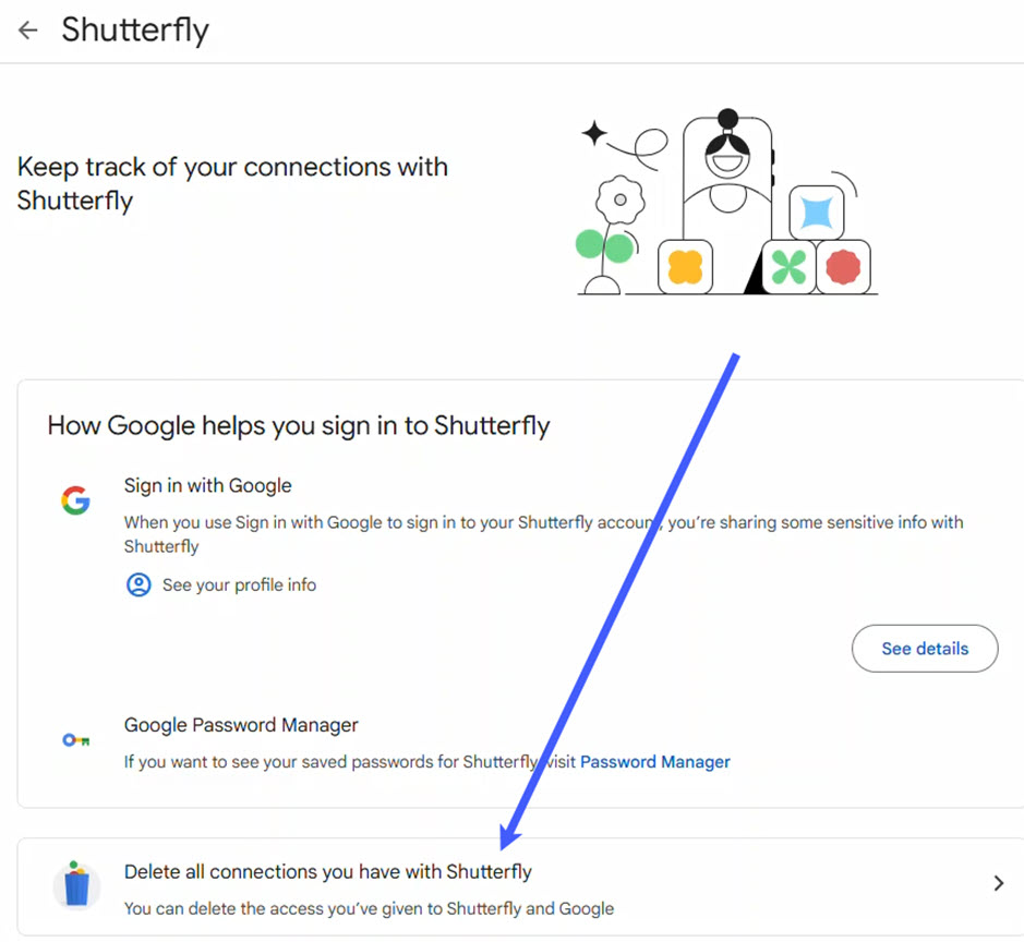 Click Delete all connections you have with Shutterfly