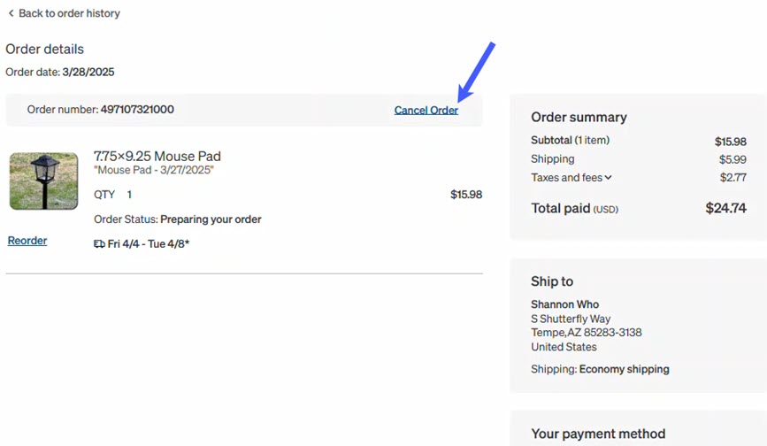 Click Cancel Order
