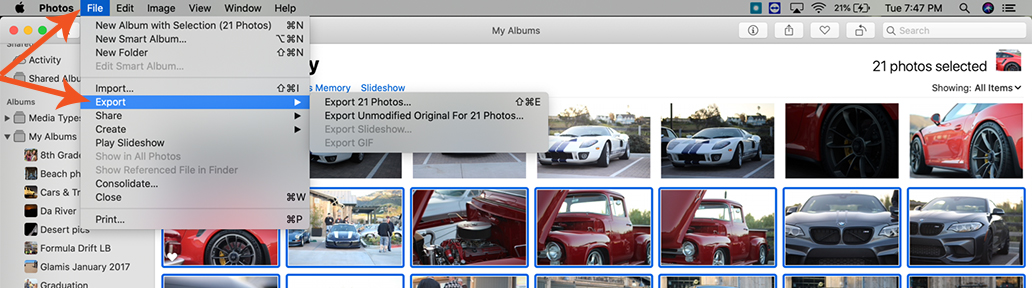Mac selected photos export example