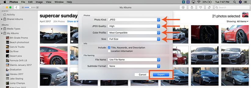 Mac export file options menu