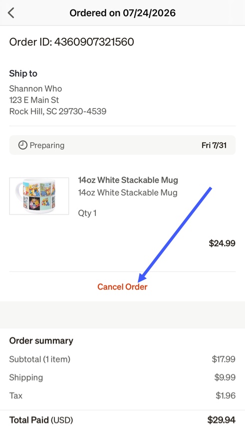 Tap Cancel Order