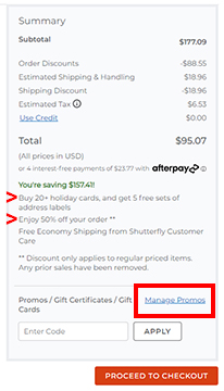 Screenshot example of the Manage Promos link in the Cart